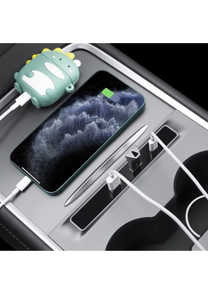 Tesla Model Y / Model 3 Orta Konsol Kaplaması USB Girişi Teleskopik Hızlı Şarj 4' Lü Kablo Merkezi, Siyah