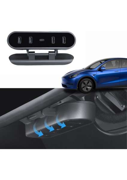 Tesla Model Y / Model 3 Orta Konsol Katlanır USB Girişi Teleskopik Hızlı Şarj Type C ve Iphone Pd Uyumlu 4' Lü Kablo Merkezi, Siyah