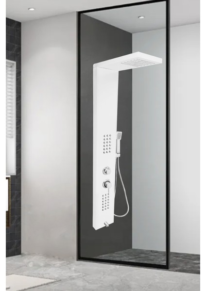 Victoria Beyaz Masajlı Duş Paneli - Dikey Jakuzi - Robot Duş - El Duşu - Lüx Duş