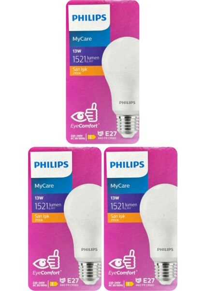 (3 adet) Philips 13W SARI IŞIK E27 DUYLU (Kalın Duy) LED Ampul