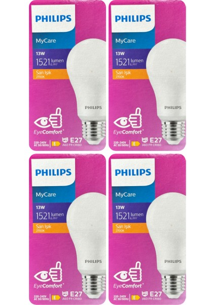 (4 adet) Philips 13W SARI IŞIK E27 DUYLU (Kalın Duy) LED Ampul