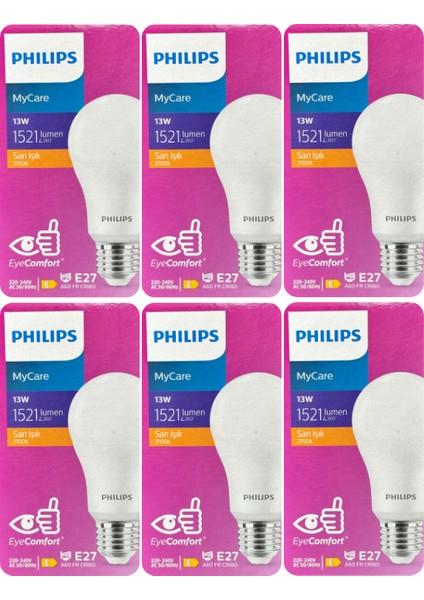 (6 adet) Philips 13W SARI IŞIK E27 DUYLU (Kalın Duy) LED Ampul