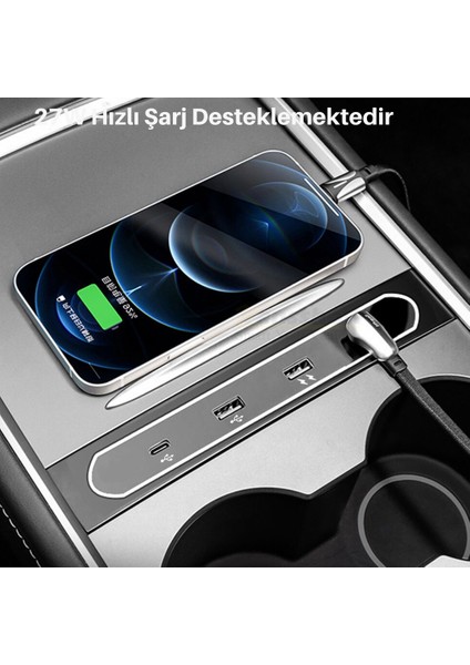Tesla Model Y / Model 3 Hızlı Şarj ve Data Aktarım Portu, Type C & Usb-A Şarj ve Data Aktarımı, Siyah Renk Seçeneği Ile