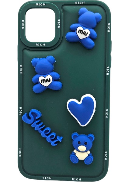 Apple iPhone 11 Kılıfı - Benzersiz Stil Için – Mavi Teddy Bear Temalı Yeşil Kılıf