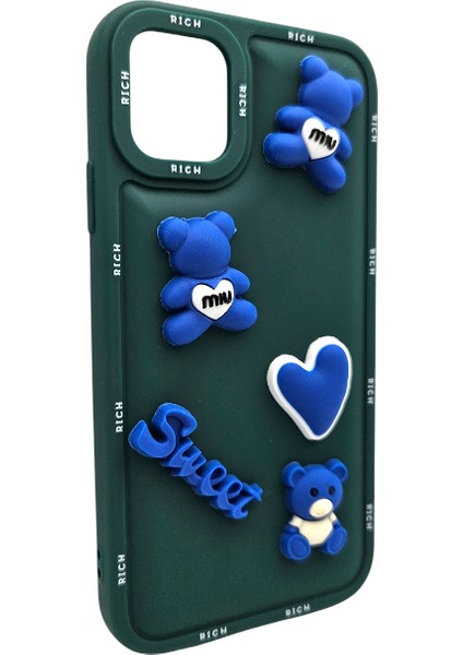 Apple iPhone 11 Kılıfı - Benzersiz Stil Için – Mavi Teddy Bear Temalı Yeşil Kılıf fiyatları