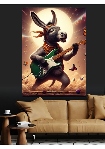 Elektro Gitar Çalan Eşek Dekoratif Kanvas - Mdf Ahşap Tablo