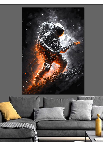 Uzayda Gitar Çalan Astronot Dekoratif Kanvas - Mdf Ahşap Tablo