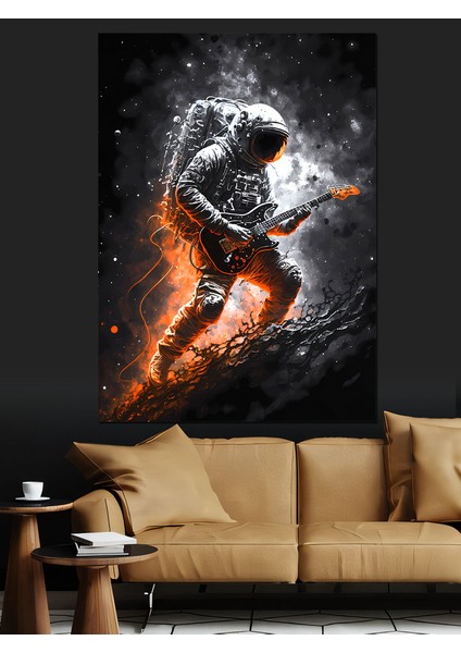 Uzayda Gitar Çalan Astronot Dekoratif Kanvas - Mdf Ahşap Tablo