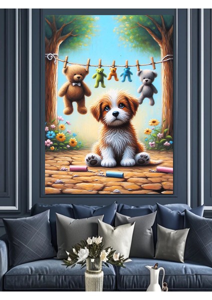 Yavru Köpek ve Peluş Ayılar Dekoratif Kanvas - Mdf Ahşap Tablo