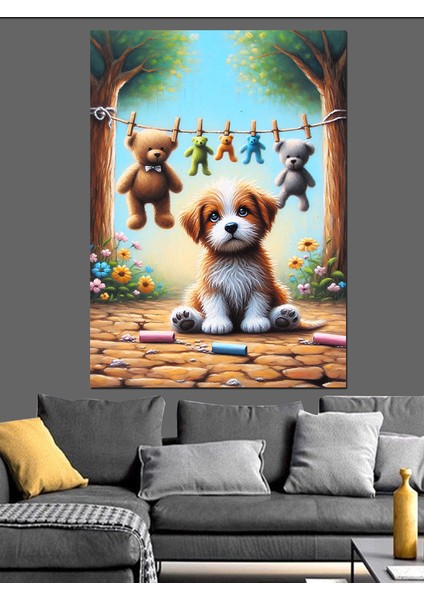 Yavru Köpek ve Peluş Ayılar Dekoratif Kanvas - Mdf Ahşap Tablo