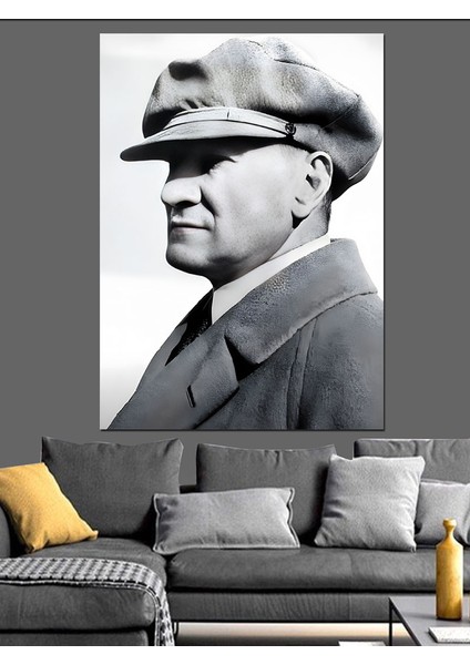 Siyah Beyaz Mustafa Kemal Atatürk Dekoratif Kanvas - Mdf Ahşap Tablo