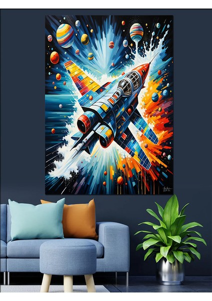 Jet ve Renkli Gezegenler Dekoratif Kanvas - Mdf Ahşap Tablo