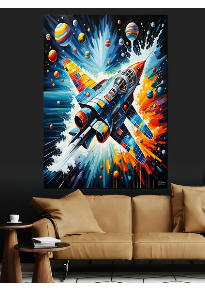 Jet ve Renkli Gezegenler Dekoratif Kanvas - Mdf Ahşap Tablo fiyatları