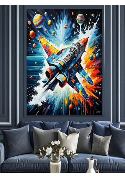 Jet ve Renkli Gezegenler Dekoratif Kanvas - Mdf Ahşap Tablo modelleri