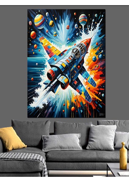 Jet ve Renkli Gezegenler Dekoratif Kanvas - Mdf Ahşap Tablo fırsatları