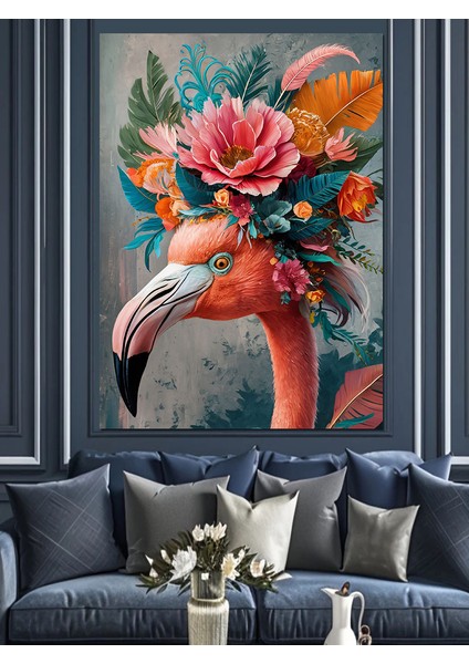 Pembe Flamingo ve Çiçekler Dekoratif Kanvas - Mdf Ahşap Tablo
