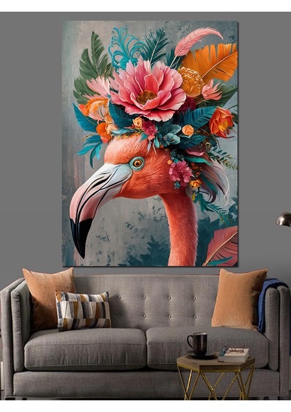 Pembe Flamingo ve Çiçekler Dekoratif Kanvas - Mdf Ahşap Tablo