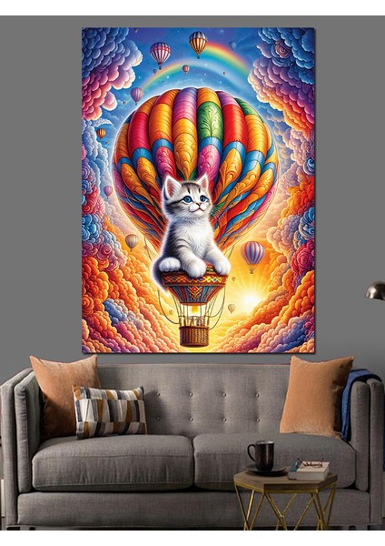 Uçan Balon Yolculuğu ve Kedi Dekoratif Kanvas - Mdf Ahşap Tablo