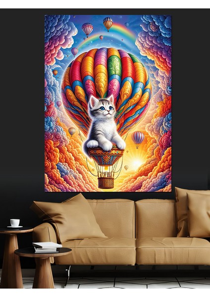 Uçan Balon Yolculuğu ve Kedi Dekoratif Kanvas - Mdf Ahşap Tablo modelleri