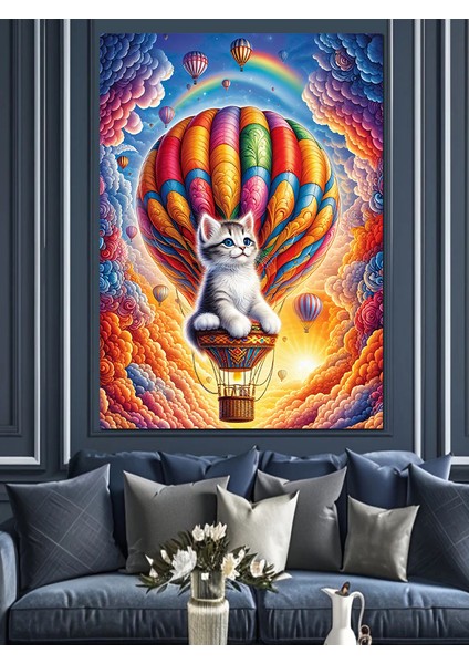 Uçan Balon Yolculuğu ve Kedi Dekoratif Kanvas - Mdf Ahşap Tablo fırsatları