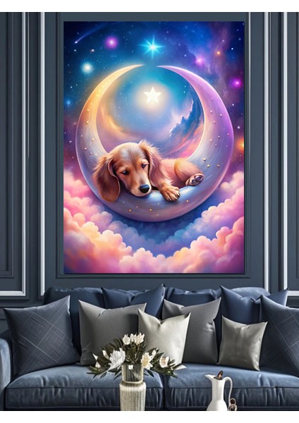 Ayda Uyuyan Köpek Dekoratif Kanvas - Mdf Ahşap Tablo