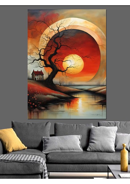 Güneş Agaç ve Ev Manzara Dekoratif Kanvas - Mdf Ahşap Tablo