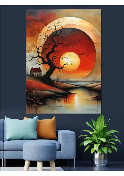 Güneş Agaç ve Ev Manzara Dekoratif Kanvas - Mdf Ahşap Tablo modelleri