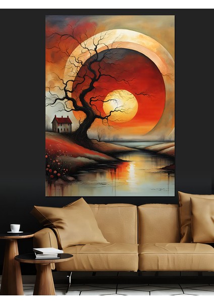 Güneş Agaç ve Ev Manzara Dekoratif Kanvas - Mdf Ahşap Tablo fırsatları