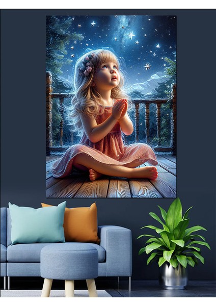 Sevimli Kız ve Gökyüzü Dekoratif Kanvas - Mdf Ahşap Tablo fırsatları