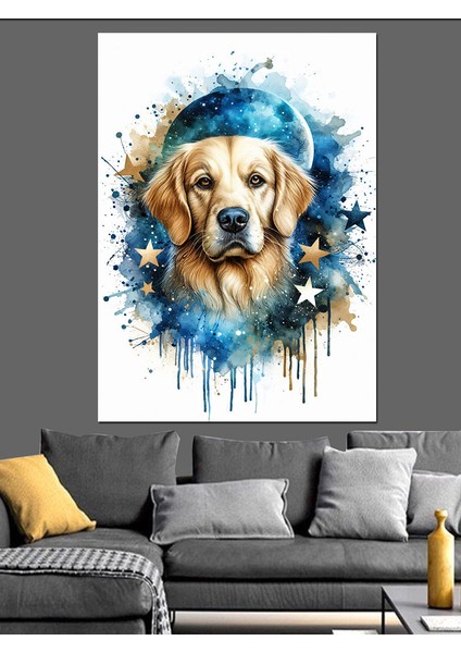 Yıldızlar ve Köpek Dekoratif Kanvas - Mdf Ahşap Tablo