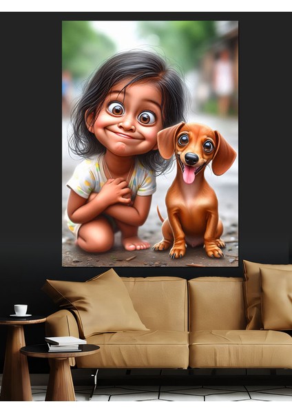Sevimli Kız ve Köpek Dekoratif Kanvas - Mdf Ahşap Tablo