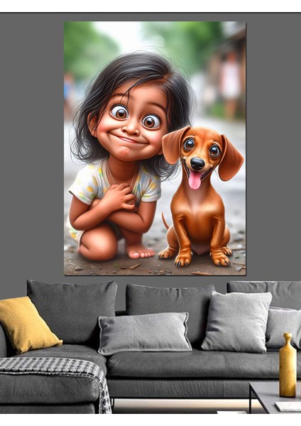 Sevimli Kız ve Köpek Dekoratif Kanvas - Mdf Ahşap Tablo
