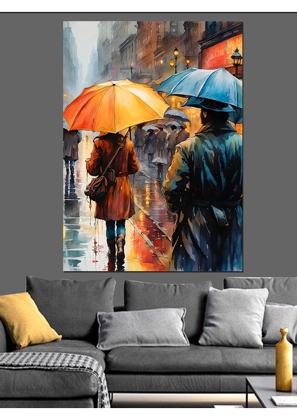 Yağmurda Yürüyen Insanlar Dekoratif Kanvas - Mdf Ahşap Tablo