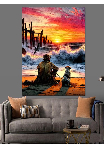 Kumsaldaki Adam ve Köpeği Dekoratif Kanvas - Mdf Ahşap Tablo