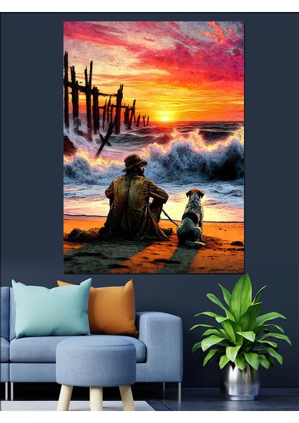 Kumsaldaki Adam ve Köpeği Dekoratif Kanvas - Mdf Ahşap Tablo fiyatları