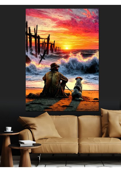 Kumsaldaki Adam ve Köpeği Dekoratif Kanvas - Mdf Ahşap Tablo modelleri