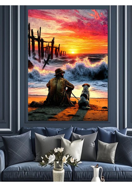 Kumsaldaki Adam ve Köpeği Dekoratif Kanvas - Mdf Ahşap Tablo fırsatları