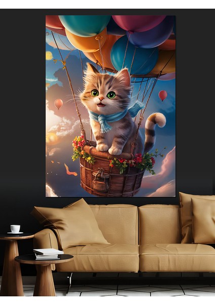 Uçan Balon ve Kedi Dekoratif Kanvas - Mdf Ahşap Tablo