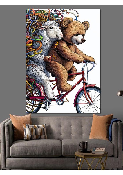 Bisiklet Kullanan Ayı ve Kuzu Dekoratif Kanvas - Mdf Ahşap Tablo fiyatları