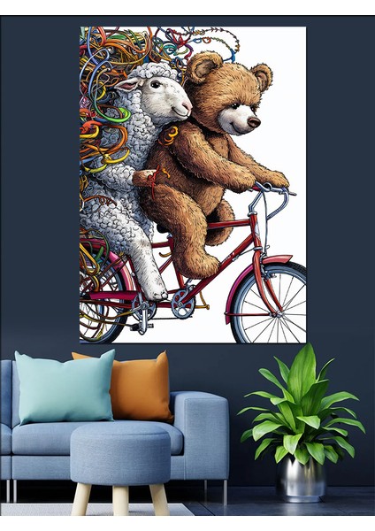 Bisiklet Kullanan Ayı ve Kuzu Dekoratif Kanvas - Mdf Ahşap Tablo modelleri