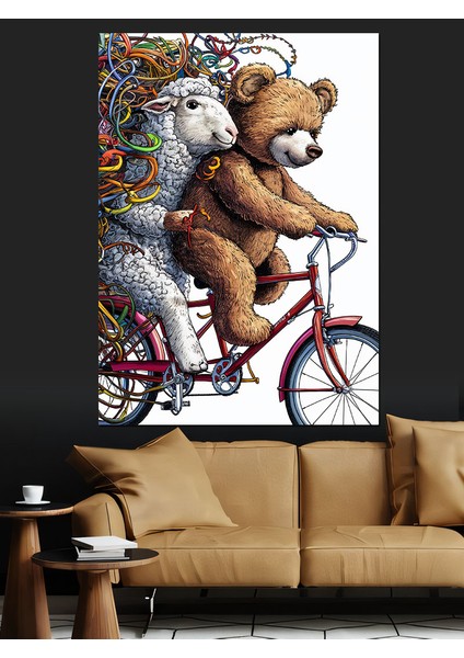 Bisiklet Kullanan Ayı ve Kuzu Dekoratif Kanvas - Mdf Ahşap Tablo fırsatları