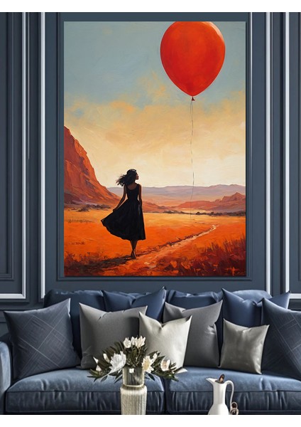 Kırmızı Uçan Balon ve Kadın Dekoratif Kanvas - Mdf Ahşap Tablo