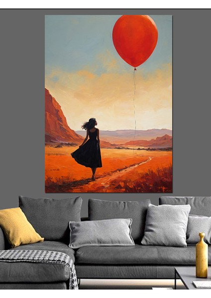 Kırmızı Uçan Balon ve Kadın Dekoratif Kanvas - Mdf Ahşap Tablo