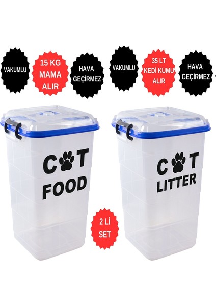 2 Li Set 15 kg Kedi Maması Saklama Kabı ve 35 lt Kedi Kumu Saklama Kutusu Vakumlu Hava Almayan Seri