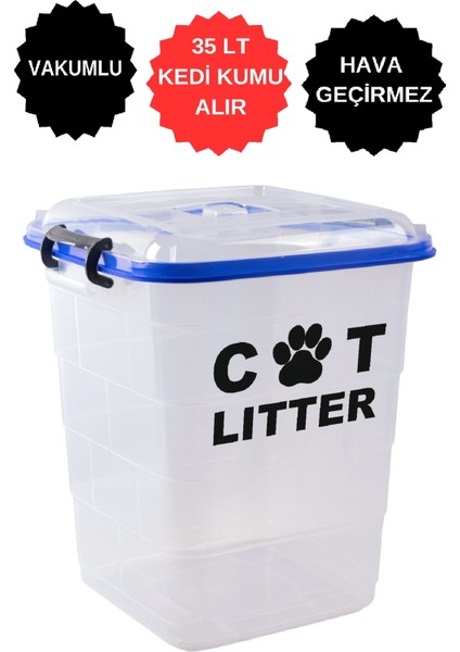 35 lt Büyük Boy Vakumlu Sızdırmaz Kedi Kumu Saklama Kutusu Kabı Hava Geçirmez 35 lt Alır Silikonlu