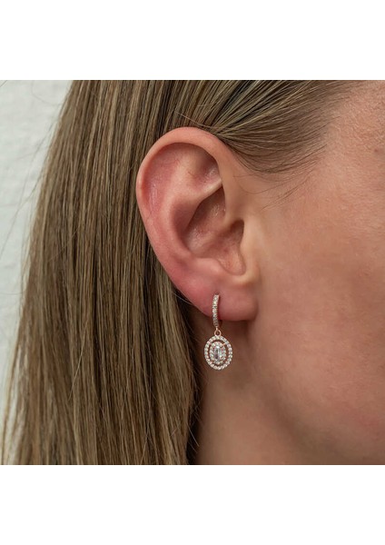 Gümüş Rose Oval Taşlı Sallantılı Küpe
