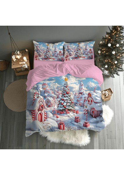 Karlı Yeni Yıl Temalı Baskılı Çift Kişilik Nevresim Takımı