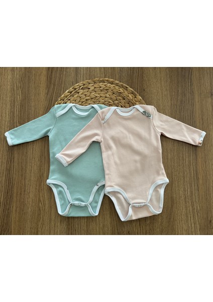 Pudra Pembe & Mint Yeşili Organik Uzun Kollu 2'li Body Set