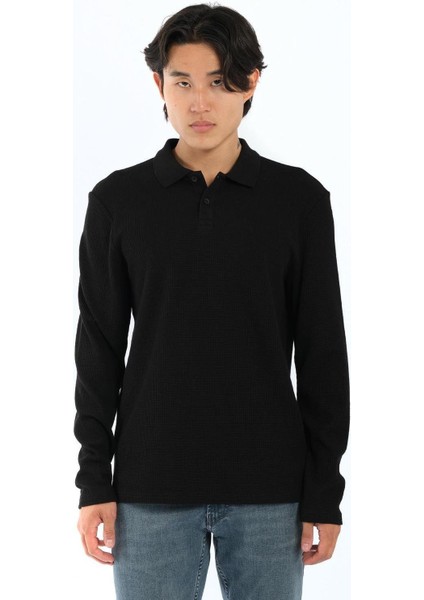 Js Polo Yaka Düğmeli Waffle Sweat Siyah