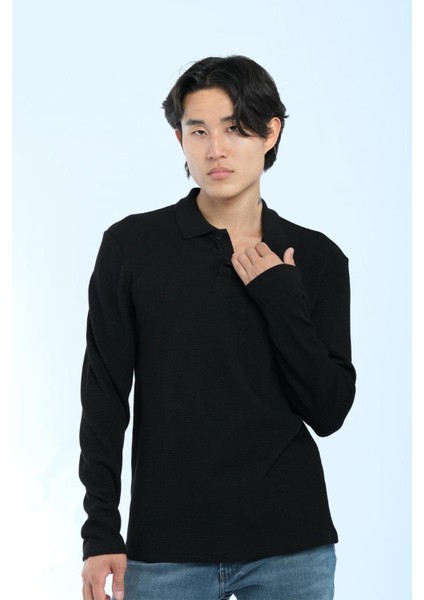 Js Polo Yaka Düğmeli Waffle Sweat Siyah